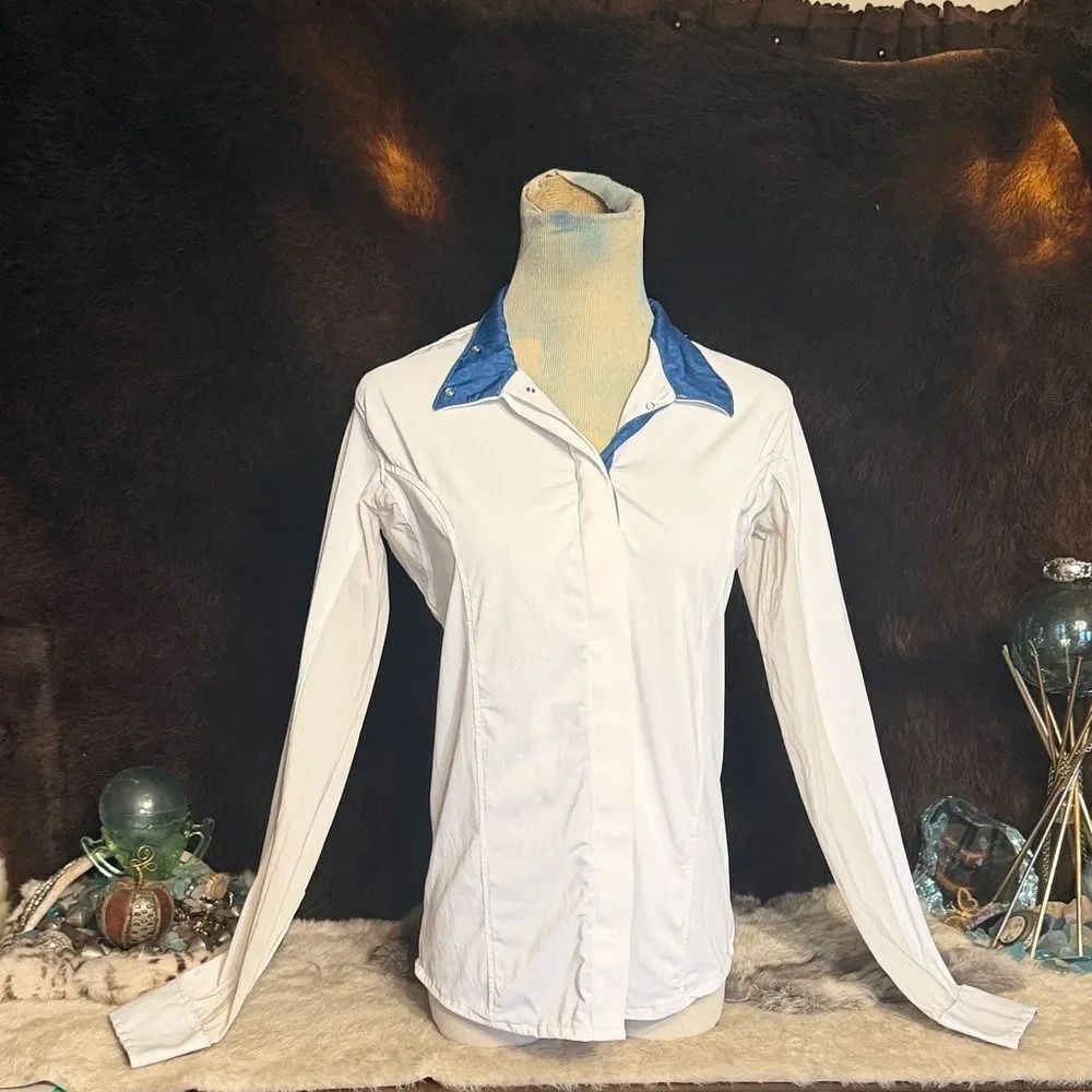 White Long-Sleeve Shirt with Blue Collar - Women's Top XS (3200)